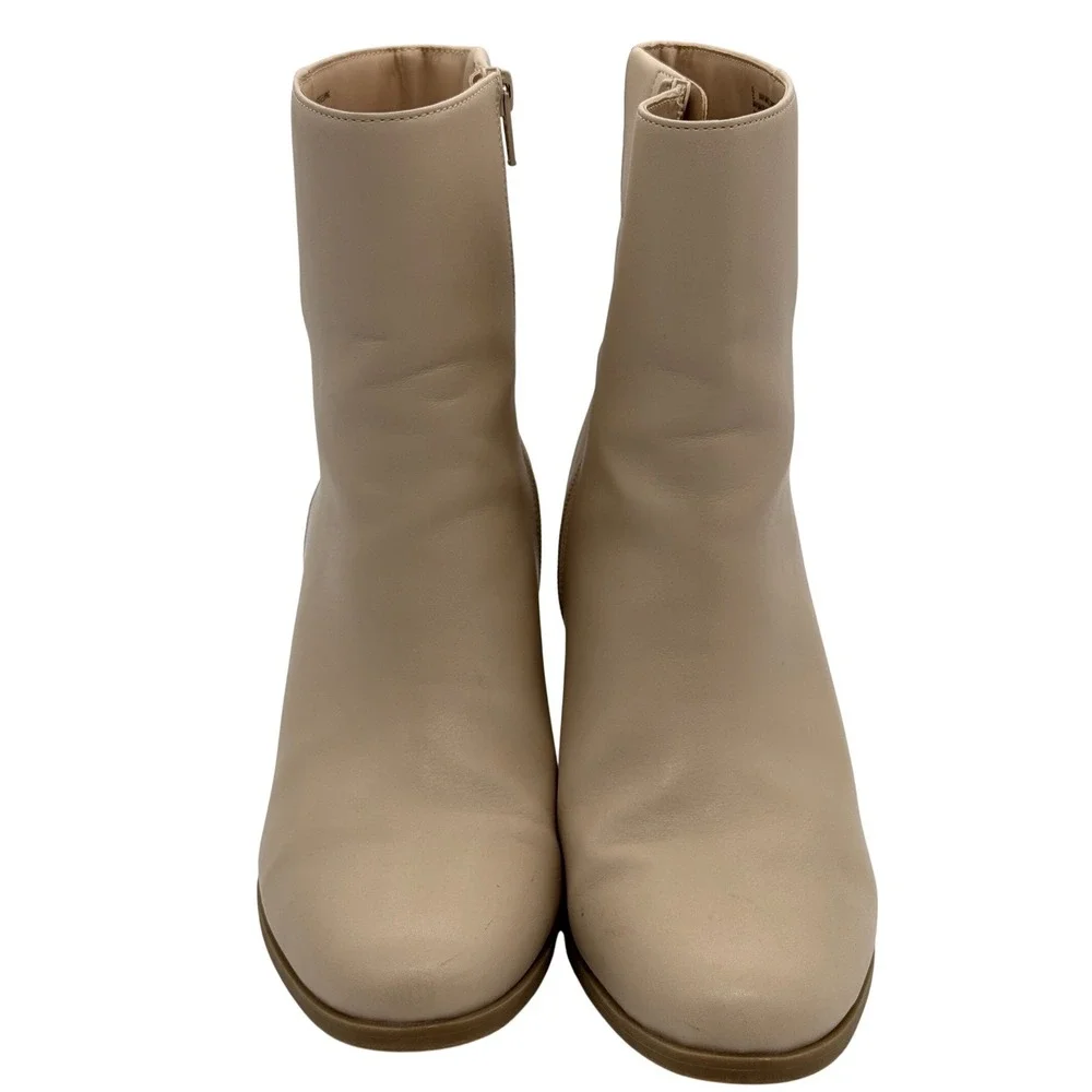 Ankle Boots Women 9 Beige‎ Block Heel Side Zip Round Toe Minimalist Casual